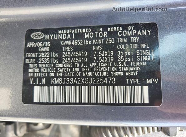 KM8J33A2XGU225473 2016 HYUNDAI TUCSON Gray VIN կոդի պիտակի տեսք