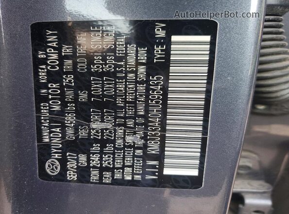 KM8J33A40HU596435 2017 HYUNDAI TUCSON Gray Widok naklejki z numerem VIN