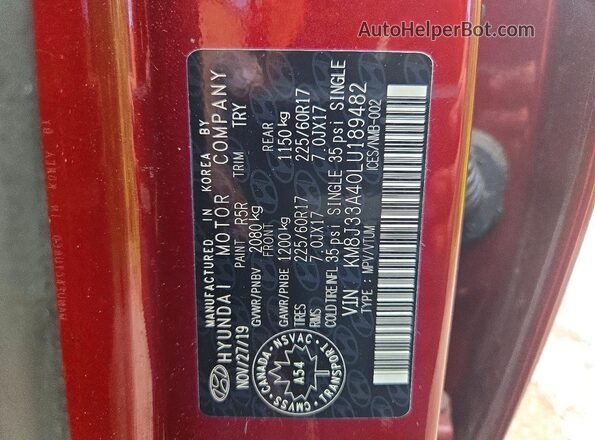 KM8J33A40LU189482 2020 HYUNDAI TUCSON Red VIN sticker view