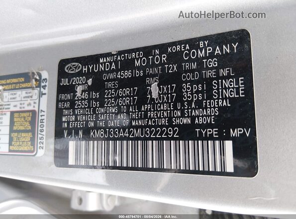 KM8J33A42MU322292 2021 HYUNDAI TUCSON Серебряный Вид подкапотного пространства