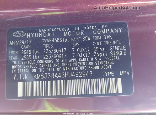 KM8J33A43HU492943 2017 HYUNDAI TUCSON Burgundy Engine compartment view