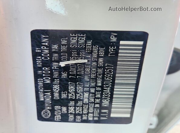 KM8J33A43JU692517 2018 HYUNDAI TUCSON White Vista de la etiqueta del VIN