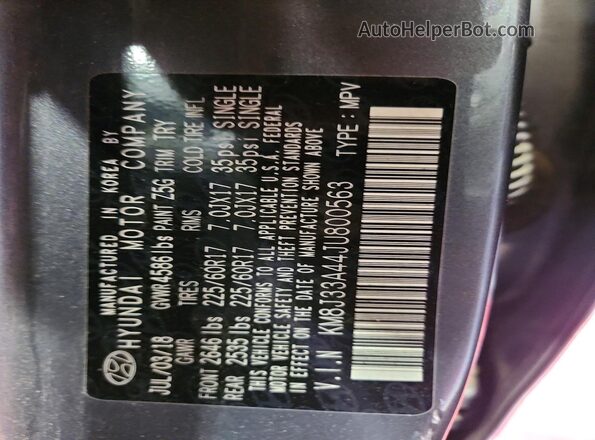 KM8J33A44JU800563 2018 HYUNDAI TUCSON Gray VIN sticker view
