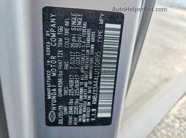 KM8J33A44LU110895 2020 HYUNDAI TUCSON Silver Widok komory silnika