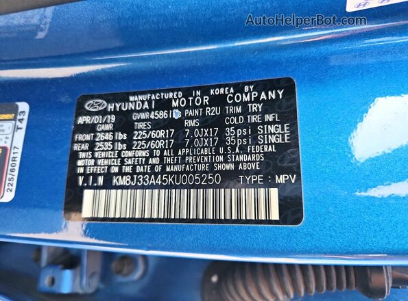KM8J33A45KU005250 2019 HYUNDAI TUCSON Blue Vista del compartimento del motor