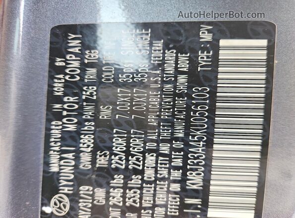 KM8J33A45KU056103 2019 HYUNDAI TUCSON Gray Vista de la etiqueta del VIN