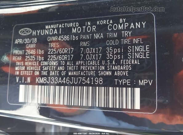KM8J33A46JU754198 2018 HYUNDAI TUCSON Black ძრავის განყოფილების ხედი