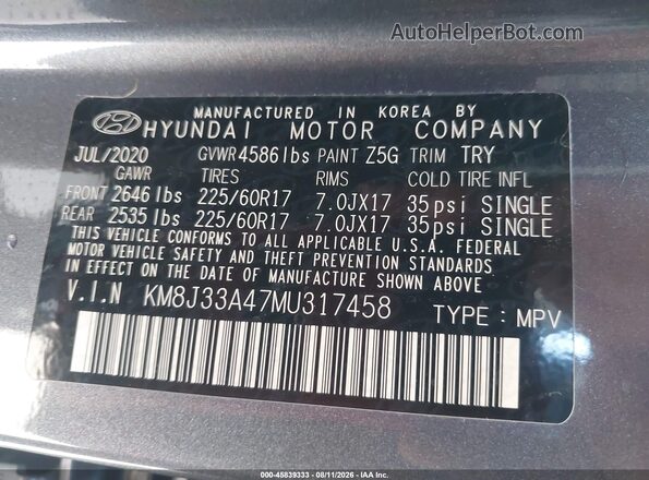 KM8J33A47MU317458 2021 HYUNDAI TUCSON Gray Widok komory silnika