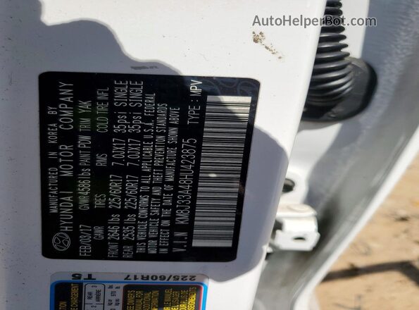 KM8J33A48HU423875 2017 HYUNDAI TUCSON White Вид наклейки з VIN-кодом