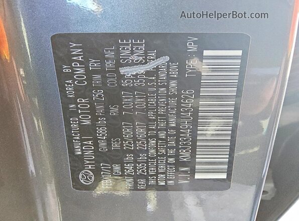 KM8J33A49HU434626 2017 HYUNDAI TUCSON Gray VIN sticker view