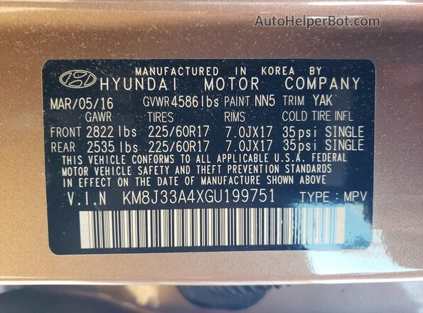 KM8J33A4XGU199751 2016 HYUNDAI TUCSON Brown 