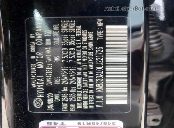 KM8J33AL0LU221726 2020 HYUNDAI TUCSON Black Вид наклейки з VIN-кодом
