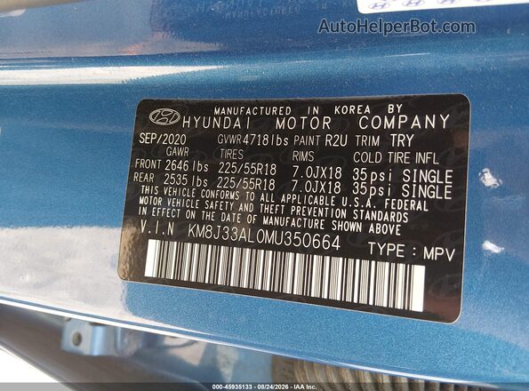 KM8J33AL0MU350664 2021 HYUNDAI TUCSON Синий Вид подкапотного пространства