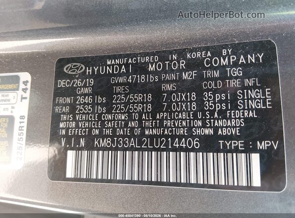 KM8J33AL2LU214406 2020 HYUNDAI TUCSON Gray ძრავის განყოფილების ხედი