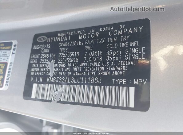 KM8J33AL3LU111883 2020 HYUNDAI TUCSON Silver Vista del compartimento del motor