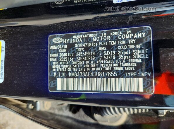 KM8J33AL4JU817855 2018 HYUNDAI TUCSON Black VIN sticker view