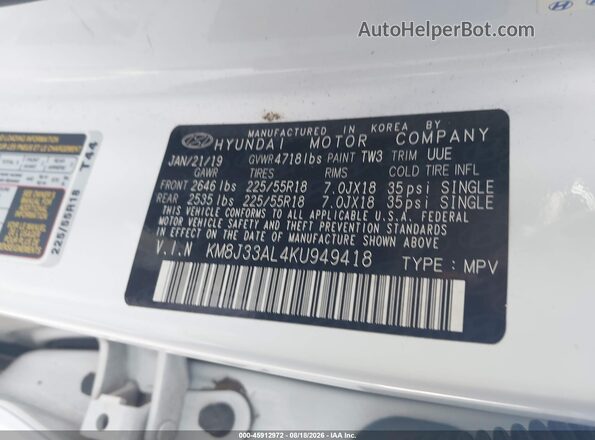 KM8J33AL4KU949418 2019 HYUNDAI TUCSON White Widok komory silnika
