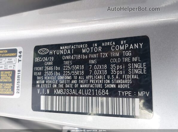 KM8J33AL4LU211684 2020 HYUNDAI TUCSON Silver Engine compartment view