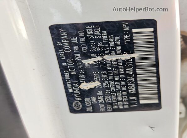 KM8J33AL4MU312631 2021 HYUNDAI TUCSON Белый Вид наклейки с VIN-кодом