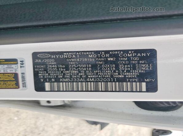 KM8J33AL4MU320311 2021 HYUNDAI TUCSON White VIN կոդի պիտակի տեսք