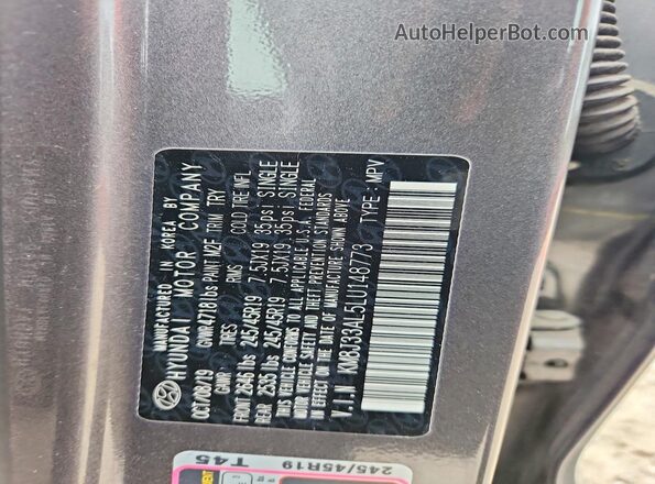 KM8J33AL5LU148773 2020 HYUNDAI TUCSON Gray Widok naklejki z numerem VIN