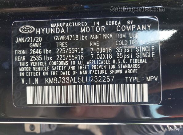 KM8J33AL5LU232267 2020 HYUNDAI TUCSON Черный Панорамный вид салона 360°