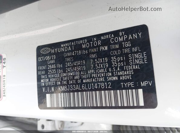 KM8J33AL6LU147812 2020 HYUNDAI TUCSON White ძრავის განყოფილების ხედი