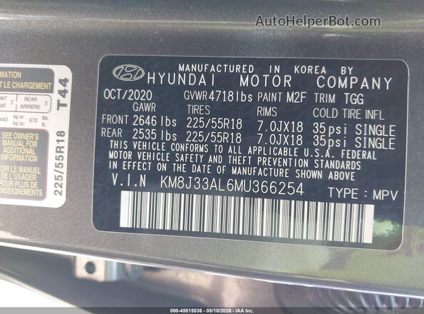 KM8J33AL6MU366254 2021 HYUNDAI TUCSON Gray Widok komory silnika