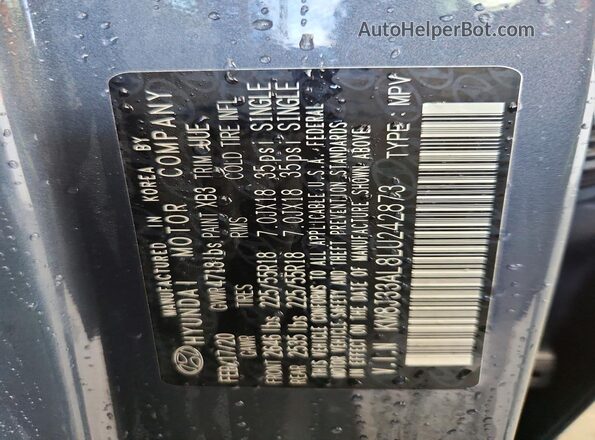 KM8J33AL8LU242873 2020 HYUNDAI TUCSON Blue Widok naklejki z numerem VIN