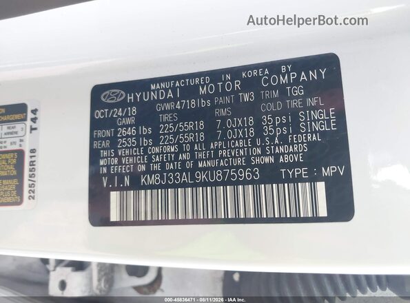 KM8J33AL9KU875963 2019 HYUNDAI TUCSON White Vista del compartimento del motor