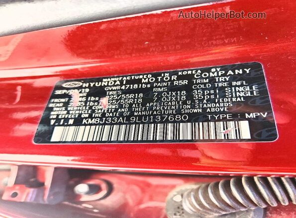 KM8J33AL9LU137680 2020 HYUNDAI TUCSON Red Вид підкапотного простору
