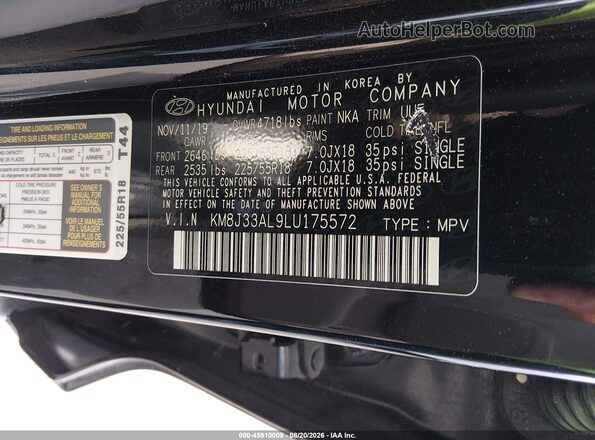 KM8J33AL9LU175572 2020 HYUNDAI TUCSON Black ძრავის განყოფილების ხედი