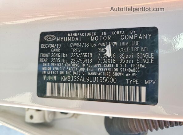 KM8J33AL9LU195000 2020 HYUNDAI TUCSON Белый Вид наклейки с VIN-кодом