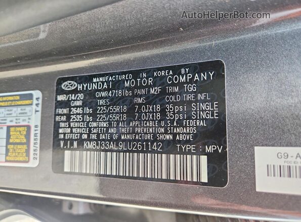 KM8J33AL9LU261142 2020 HYUNDAI TUCSON Gray Widok naklejki z numerem VIN