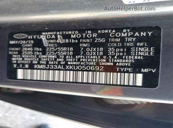 KM8J33ALXKU050692 2019 HYUNDAI TUCSON Серый Вид подкапотного пространства