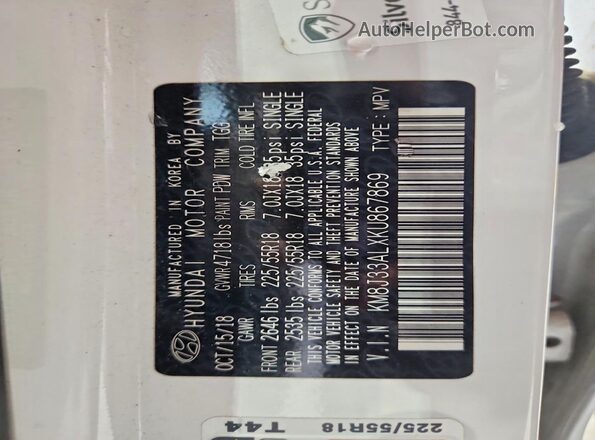 KM8J33ALXKU867869 2019 HYUNDAI TUCSON White VIN კოდის სტიკერის ხედი