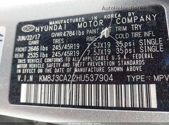 KM8J3CA22HU537904 2017 HYUNDAI TUCSON Silver Engine compartment view