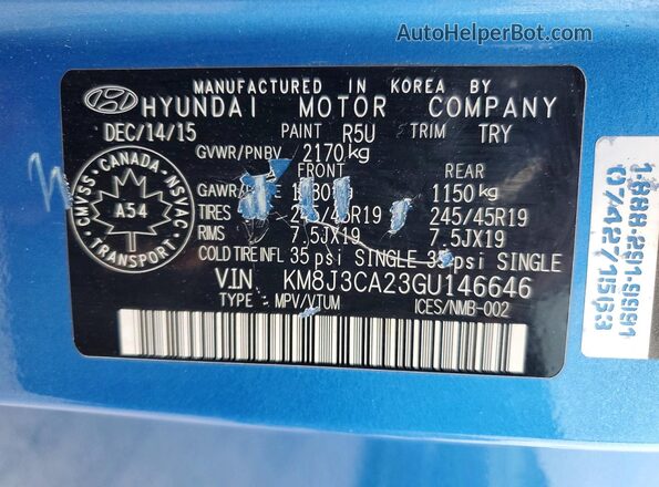 KM8J3CA23GU146646 2016 HYUNDAI TUCSON Blue Панорамний вид салону 360°