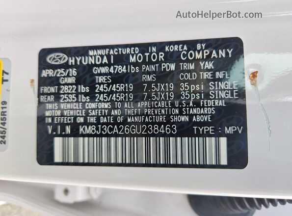 KM8J3CA26GU238463 2016 HYUNDAI TUCSON White Widok naklejki z numerem VIN