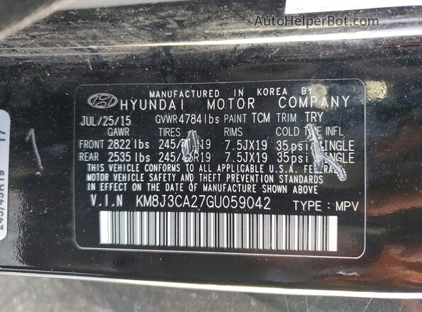 KM8J3CA27GU059042 2016 HYUNDAI TUCSON Black Vista de la etiqueta del VIN