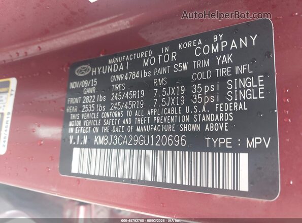 KM8J3CA29GU120696 2016 HYUNDAI TUCSON Maroon Vista del compartimento del motor