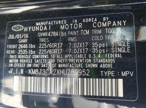 KM8J3CA2XHU289952 2017 HYUNDAI TUCSON Черный Вид наклейки с VIN-кодом