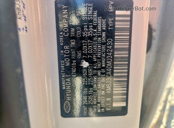 KM8J3CA40MU342430 2021 HYUNDAI TUCSON White Vista interior de 360 grados