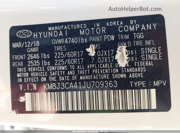 KM8J3CA41JU709363 2018 HYUNDAI TUCSON White ძრავის განყოფილების ხედი