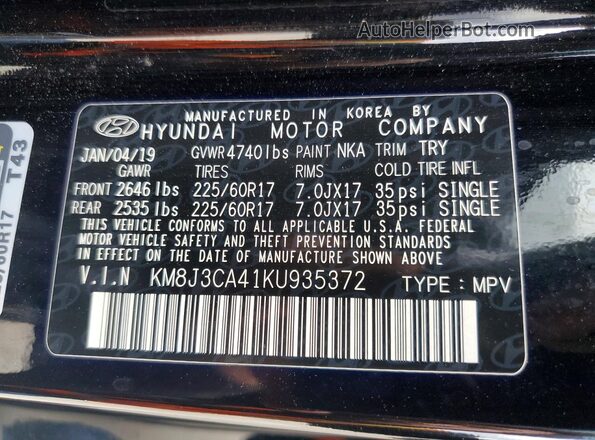 KM8J3CA41KU935372 2019 HYUNDAI TUCSON Черный Вид подкапотного пространства