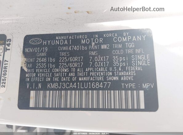 KM8J3CA41LU168477 2020 HYUNDAI TUCSON White Vista del compartimento del motor