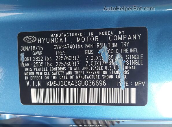 KM8J3CA43GU036696 2016 HYUNDAI TUCSON Blue Engine compartment view