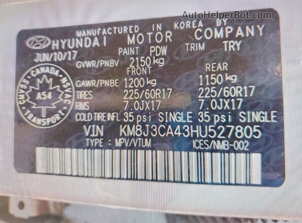 KM8J3CA43HU527805 2017 HYUNDAI TUCSON Белый Вид наклейки с VIN-кодом
