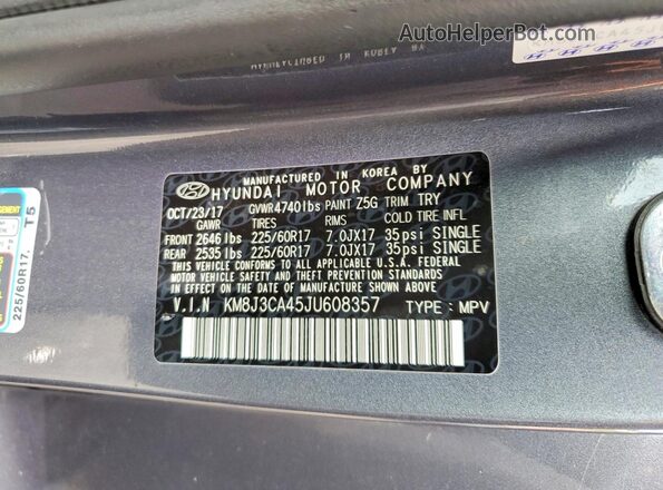 KM8J3CA45JU608357 2018 HYUNDAI TUCSON Gray Vista del compartimento del motor