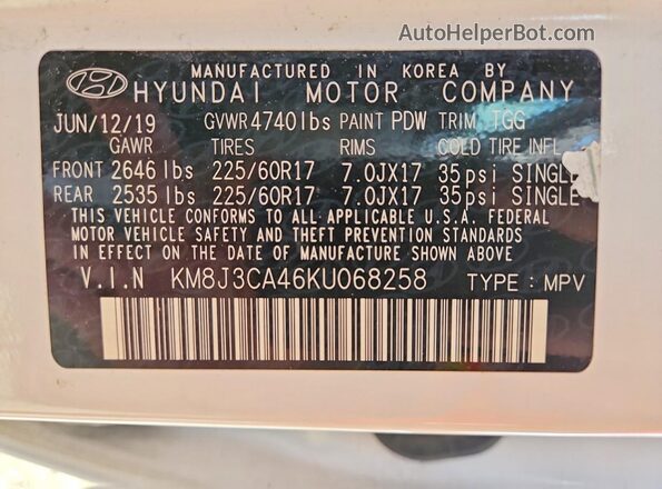 KM8J3CA46KU068258 2019 HYUNDAI TUCSON Белый Вид наклейки с VIN-кодом